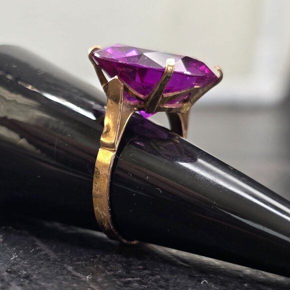 14K Gold Amethyst Solitaire Ring Large Round Gemstone Estate Size 7 HS136 - Picture 3 of 14